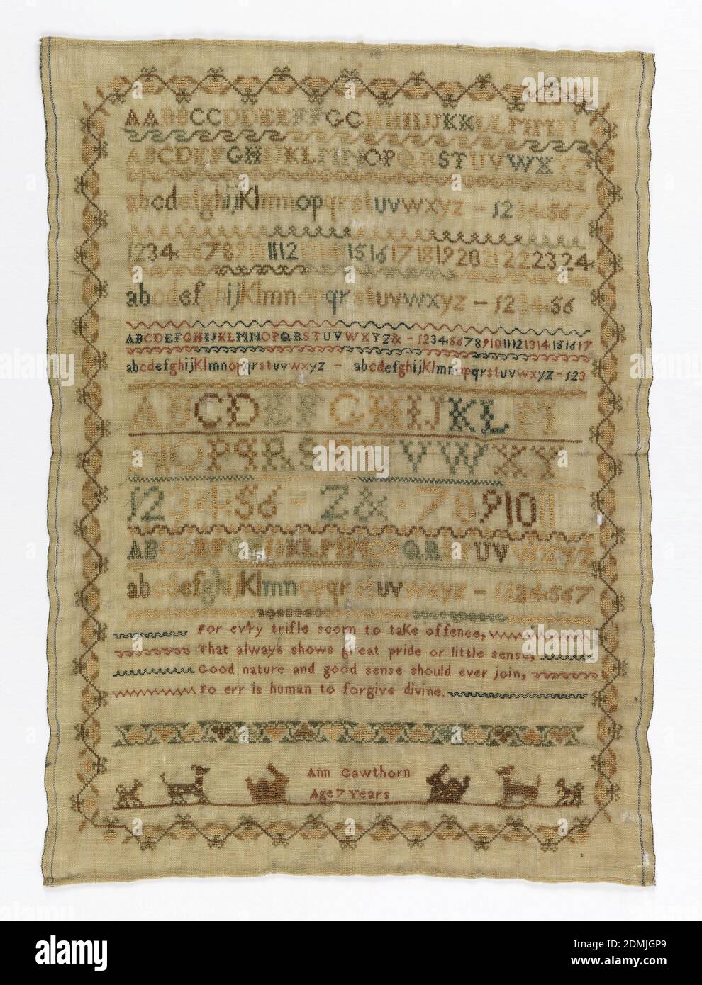 Sampler, Ann Gawthorn, English, Medium: silk embroidery on wool foundation Technique: embroidered in cross, marking cross and eyelet stitches on plain weave foundation, Within a curving floral border, alphabets and text:, For every trifle scorn to take offence, That always shows great pride or little sense, Good nature and good sense should ever join, To err is human to forgive devine, England, late 18th century, embroidery & stitching, Sampler Stock Photo