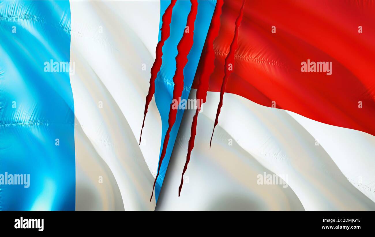 Guatemala and Indonesia flags with scar concept. Waving flag 3D rendering. Guatemala and