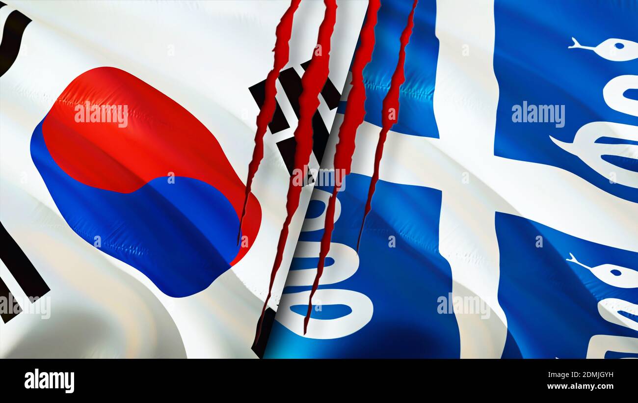 South Korea and Martinique flags with scar concept. Waving flag,3D