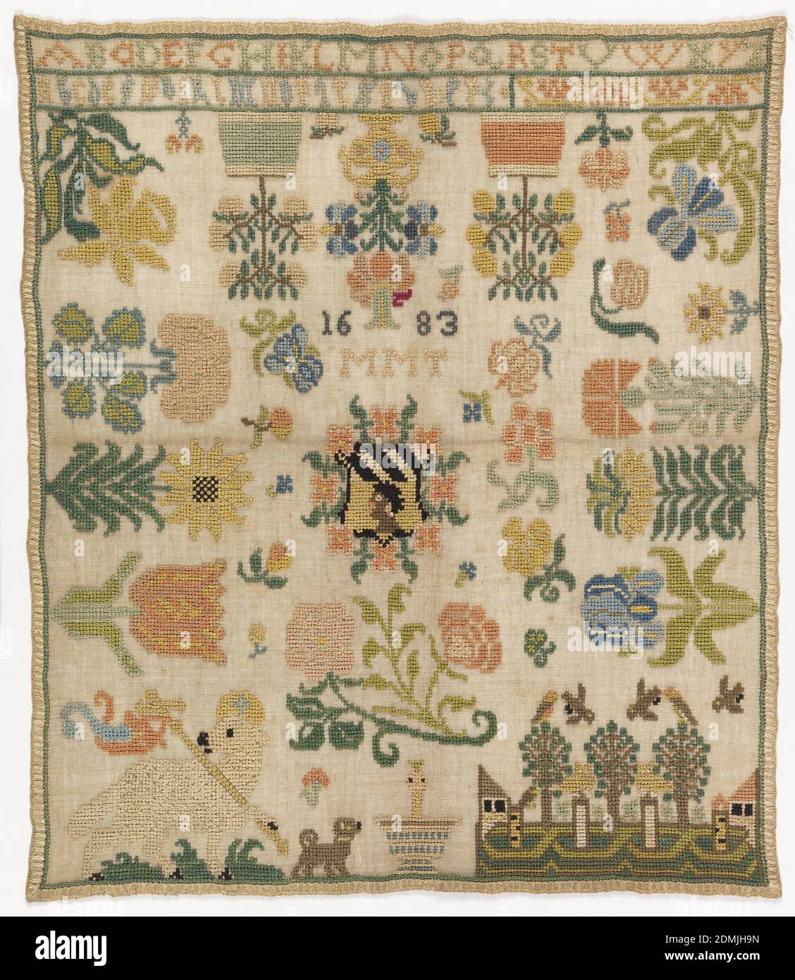 Sampler Medium Silk Embroidery On Linen Foundation Technique Embroidered In Two Sided Cross And Double Running Stitches On Plain Weave Foundation Alphabet At Top Plants Growing From Three Edges In The Center A