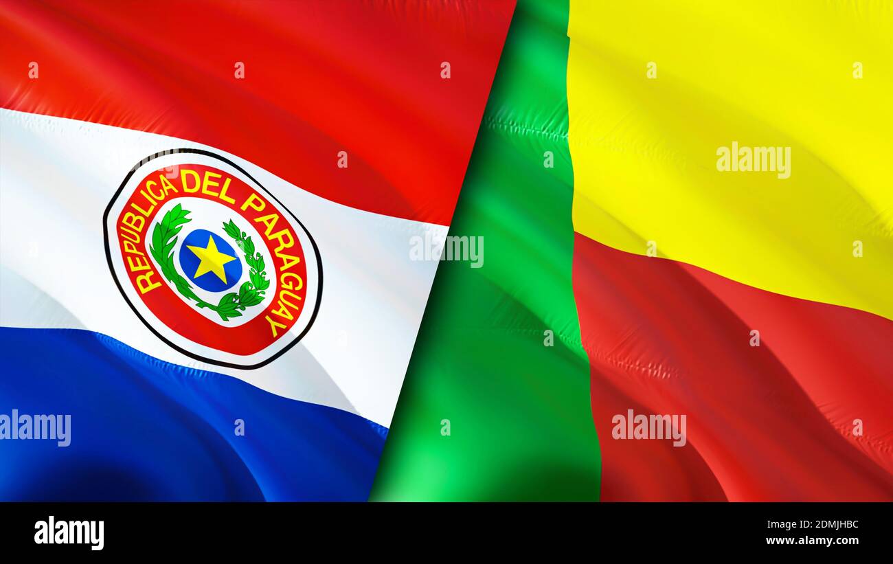 Paraguay and Benin flags. 3D Waving flag design. Paraguay Benin flag