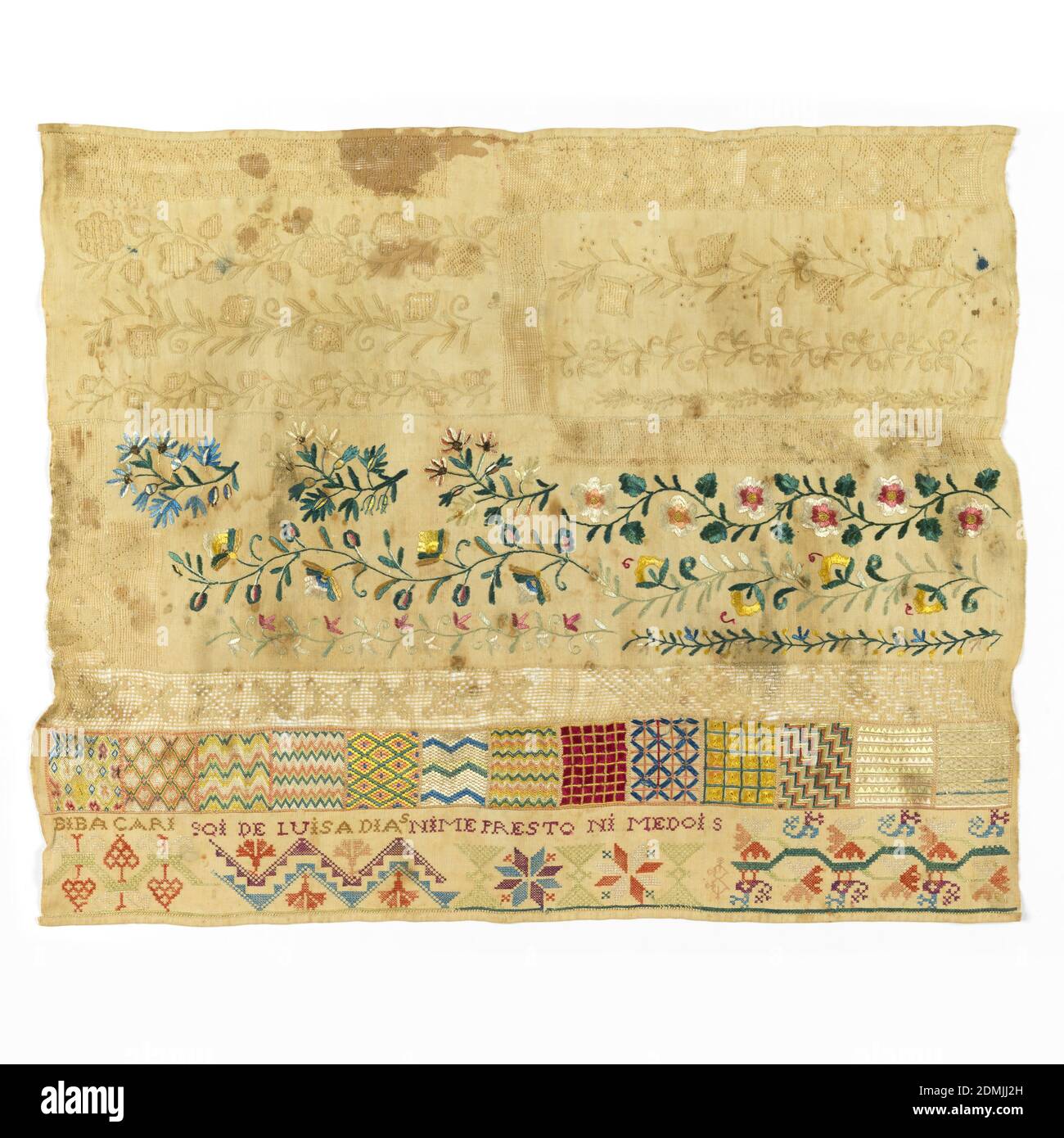 Sampler, Luisa Dias, Medium: silk embroidery on linen foundation Technique: embroidered in cross, satin, stem, and buttonhole stitches, with withdrawn element work with needle made fillings, on plain weave foundation, Bands of whitework and withdrawn element work at top, with floral borders and geometric fills in polychrome silks., Mexico, 19th century, embroidery & stitching, Sampler Stock Photo
