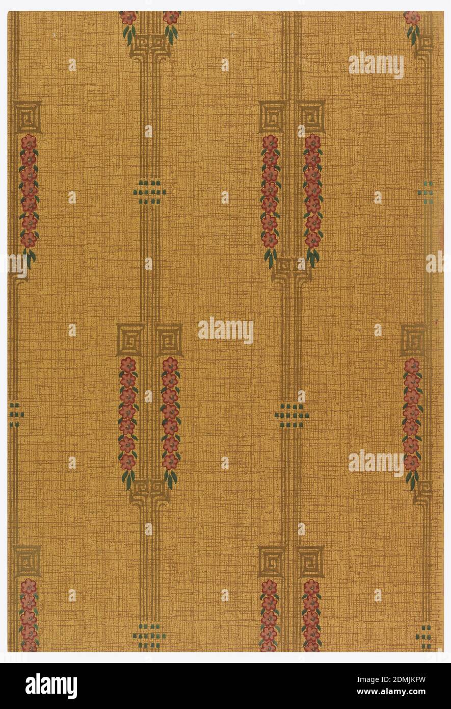 Sidewall - sample, Machine-printed on paper, On brown textured ground, vertical bands with staggered rinceaux of pink flowers., USA, 1906–08, Wallcoverings, Sidewall - sample Stock Photo