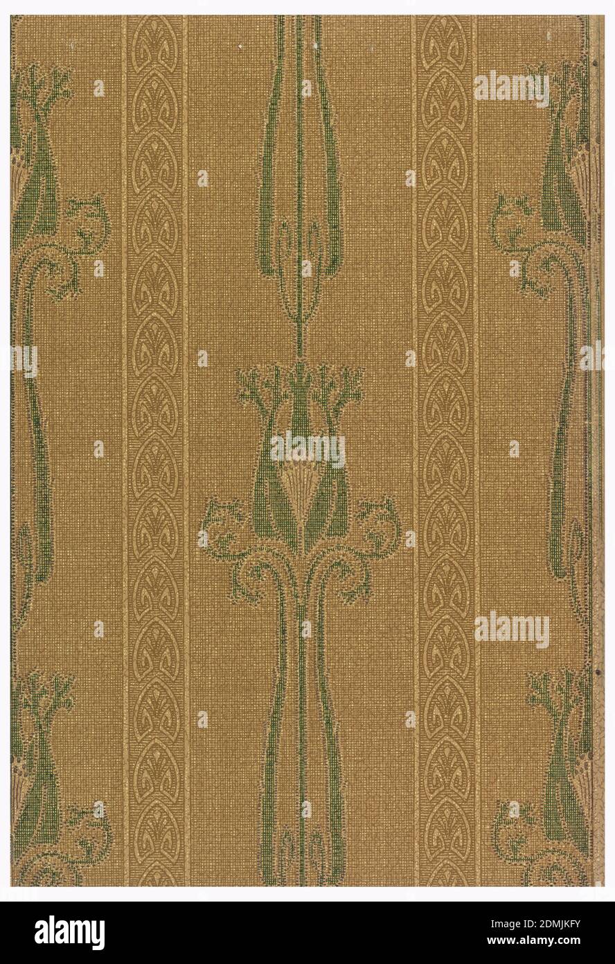 Sidewall - sample, Machine-printed on paper, On textured brown ground, vertical bands containing fan motifs with foliate green and lavender motifs., USA, 1906–08, Wallcoverings, Sidewall - sample Stock Photo