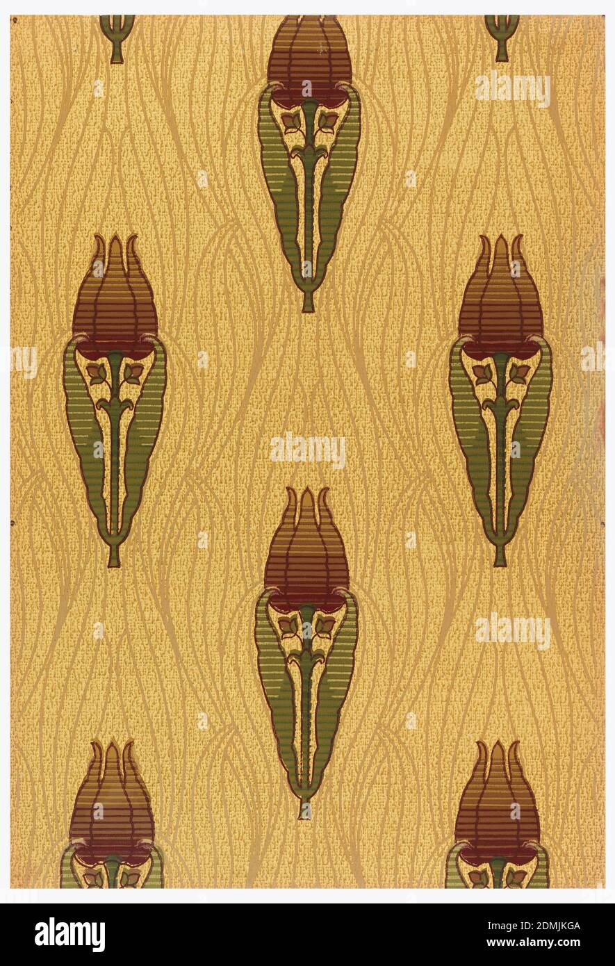 Sidewall - sample, Machine-printed on paper, Ground of light brown overlapping leaves with staggered stemmed tulips in shades of brown and leaves that curve inward in shades of green., USA, 1906–08, Wallcoverings, Sidewall - sample Stock Photo