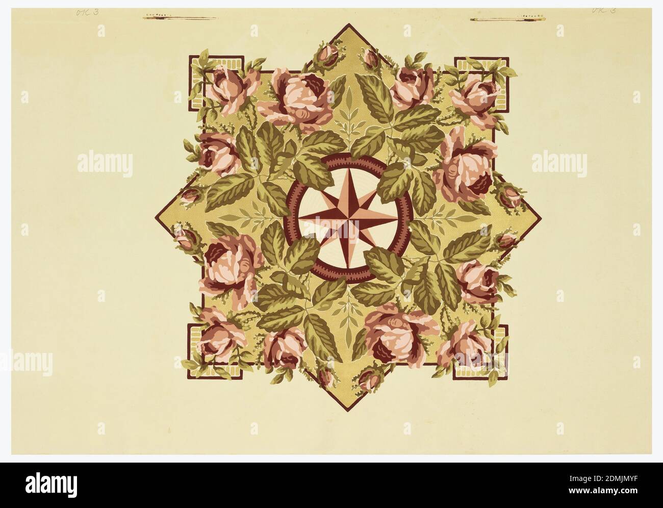Ceiling medallion, Block-printed on paper, Ceiling medallion: central eight-pointed star surrounded by large red roses and foliage, set within a square framework. Printed on tan ground., USA, 1875–1906, Wallcoverings, Ceiling medallion Stock Photo