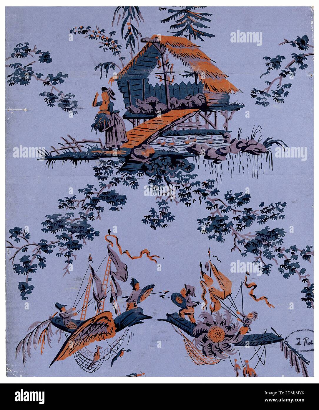 Sidewall, Block printed on handmade paper, Chinoiserie depicting shepherdess guarding her flock, alternating with a pair of boats involved in aerial combat., Paris, France, ca. 1785, Wallcoverings, Sidewall Stock Photo