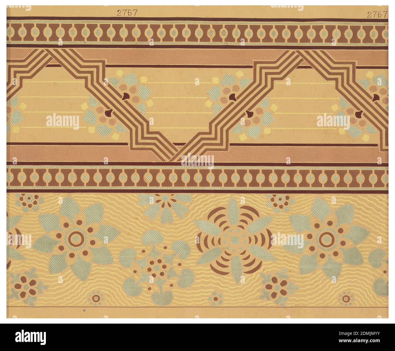 Ceiling border, Machine-printed paper, Wallpaper roll. Borders or sidewall: two different designs each occupying half the paper width. Stylized blue flowers on wavy background; and zig-zag motif with blue flowers. Printed in blue and metallic copper., USA, 1875–1900, Wallcoverings, Ceiling border Stock Photo