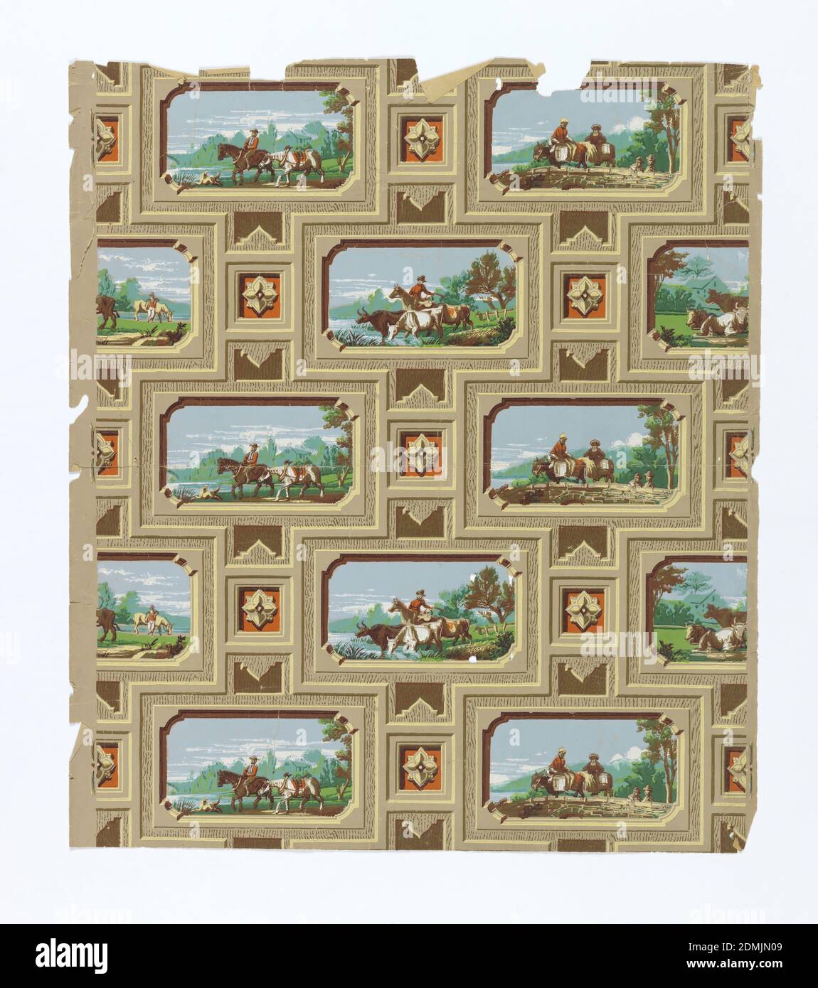Sidewall, Machine-printed paper, Four alternating scenic vignettes of cowboys. Each image is printed on an inset panel within a brickwork-type construction. Motifs include horses, mules, peasants and steer. Each scene has mountains in the background and water in the foreground. Printed in blue, green, brown, orange, white and beige on tan wood grained background., England, ca. 1870, Wallcoverings, Sidewall Stock Photo
