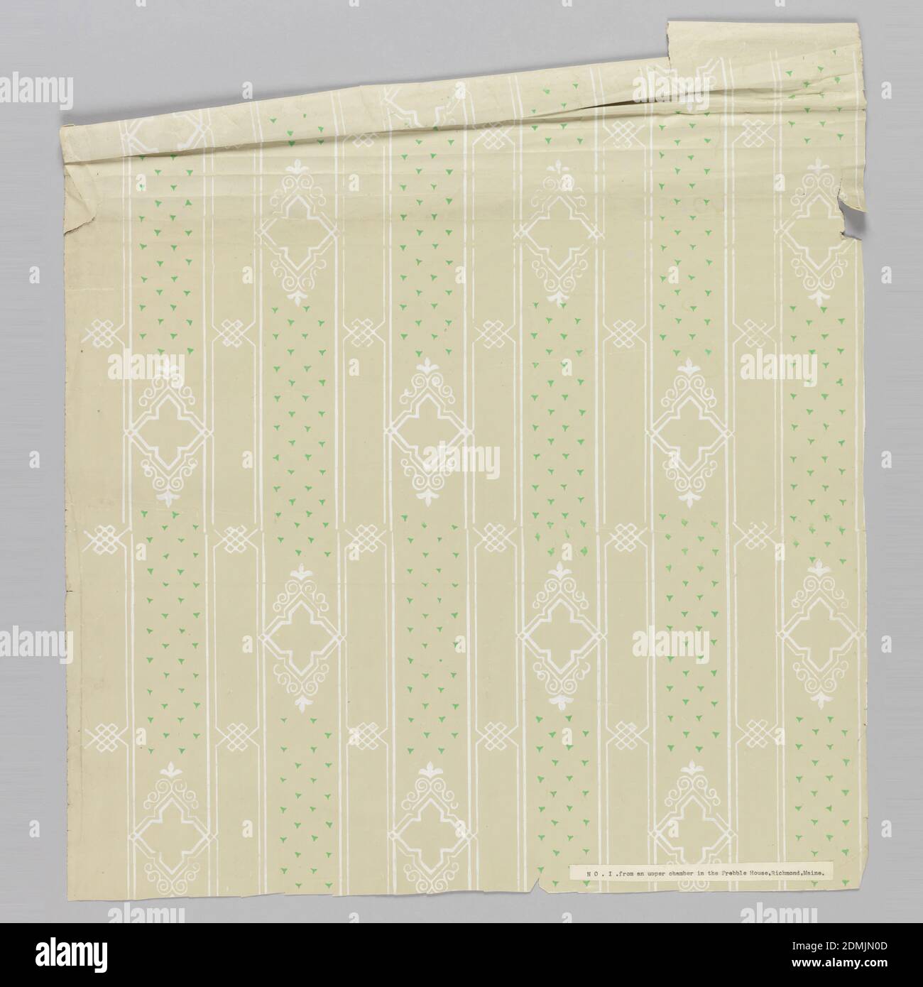 Sidewall, Block printed on machine-made paper, polished ground, Stripe design, with diamond quatrefoils alternating with clusters of green triangles. Printed in white and green on a taupe satin or polished ground., possibly USA, ca. 1860, Wallcoverings, Sidewall Stock Photo