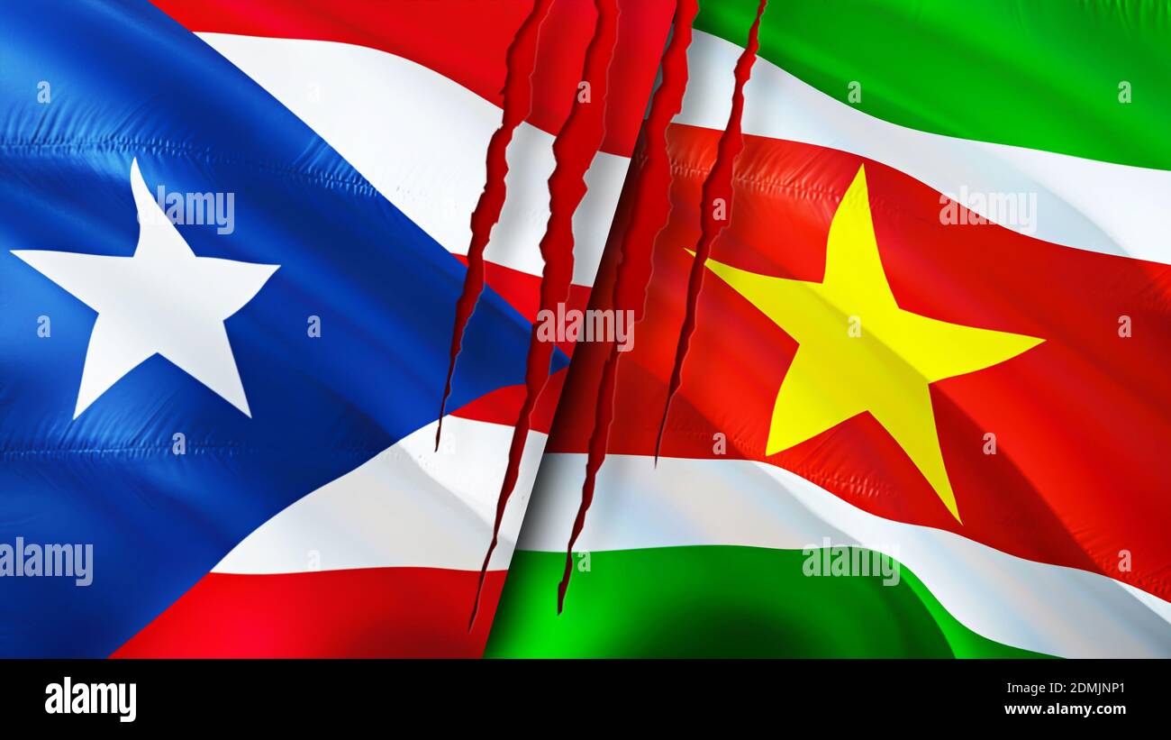 Puerto Rico and Suriname flags with scar concept. Waving flag,3D