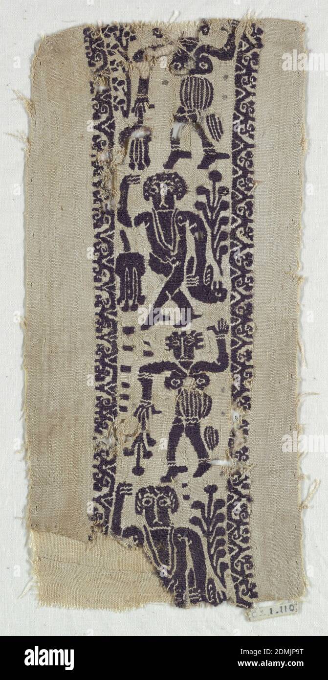 Band, MediuM: Warp; S-spun wool. Wefts; S-spun linen, S-spun wool. Techniqure: slit tapestry with supplementary wrapping, Four waling figures, one over another., 4th–5th century, woven textiles, Band Stock Photo
