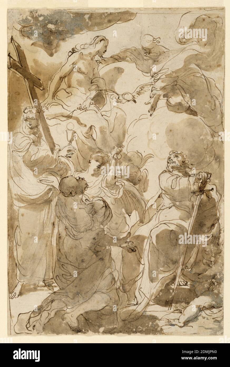 The Trinity and the Apostles, St. Peter and St. Paul, Gaetano Gandolfi, Italian, 1734–1802, Black chalk, pen and ink, brush and bistre wash on paper, Sketch of the kneeling St. Peter revering St. Paul standing and leaning upon his sword with left hand upon a book which a seated child holds, as he looks up to the Trinity appearing upon clouds. An angel stands behind St. Peter and raises the keys with his left hand. At left stands Faith or Religion, a woman with the Cross and with chalice and the Host., Bologna, Italy, 1770–80, figures, Drawing Stock Photo