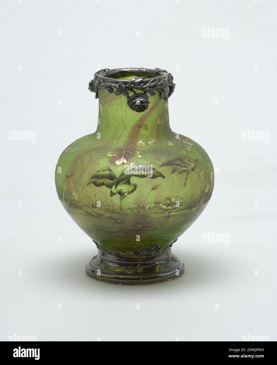Vase, Daum Frères, French, founded 1875, Acid-etched and incised glass,  silver-gilt (mount), Squat ovoid body of deep green glass with dark red  interior mottling, straight neck. Silver-gilt base and lip mountings with