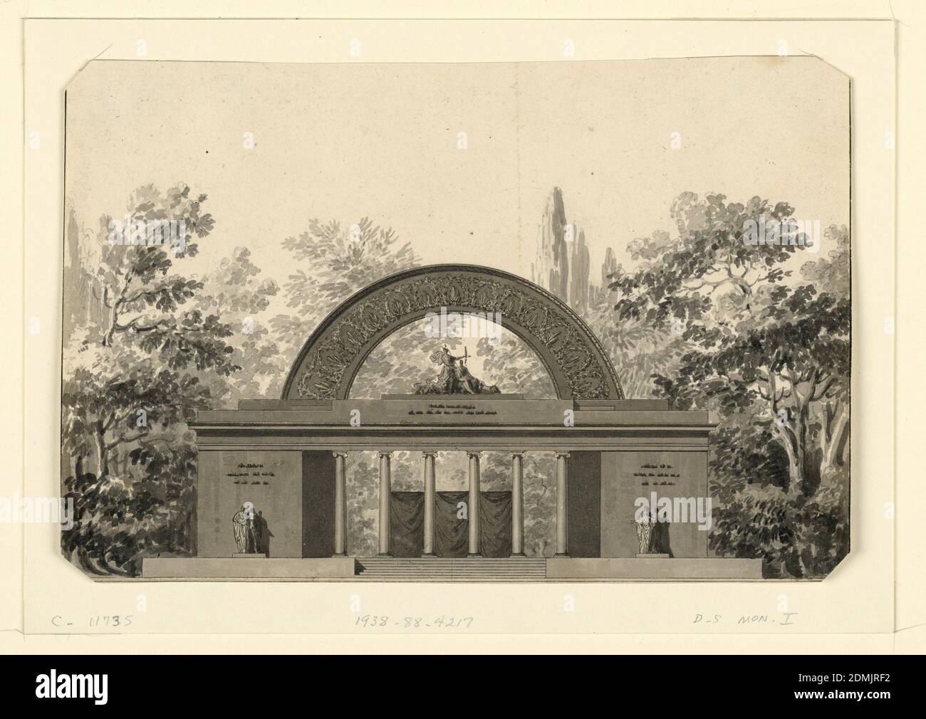 Mausoleum in a Park, Pen and black ink, brush and gray wash on wove paper, Elevation of a horizontal, one-story structure with six Ionic columns in the center. On either end of the building sculptured figures are positioned against solid walls and below wall inscriptions; another group of figures in positioned on the roof of the monument and at the center, above the colonnade. The group is contained within a large semicircular arch decorated with a floral pattern. There is an inscription on the wall below the central sculptural grouping. There are trees located next to and behind the monument Stock Photo
