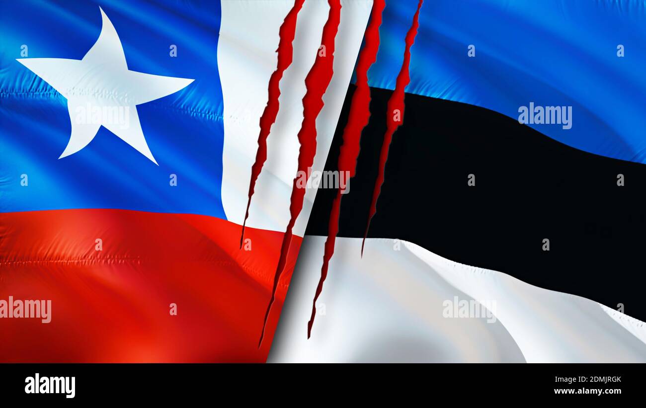Chile and Estonia flags with scar concept. Waving flag,3D rendering