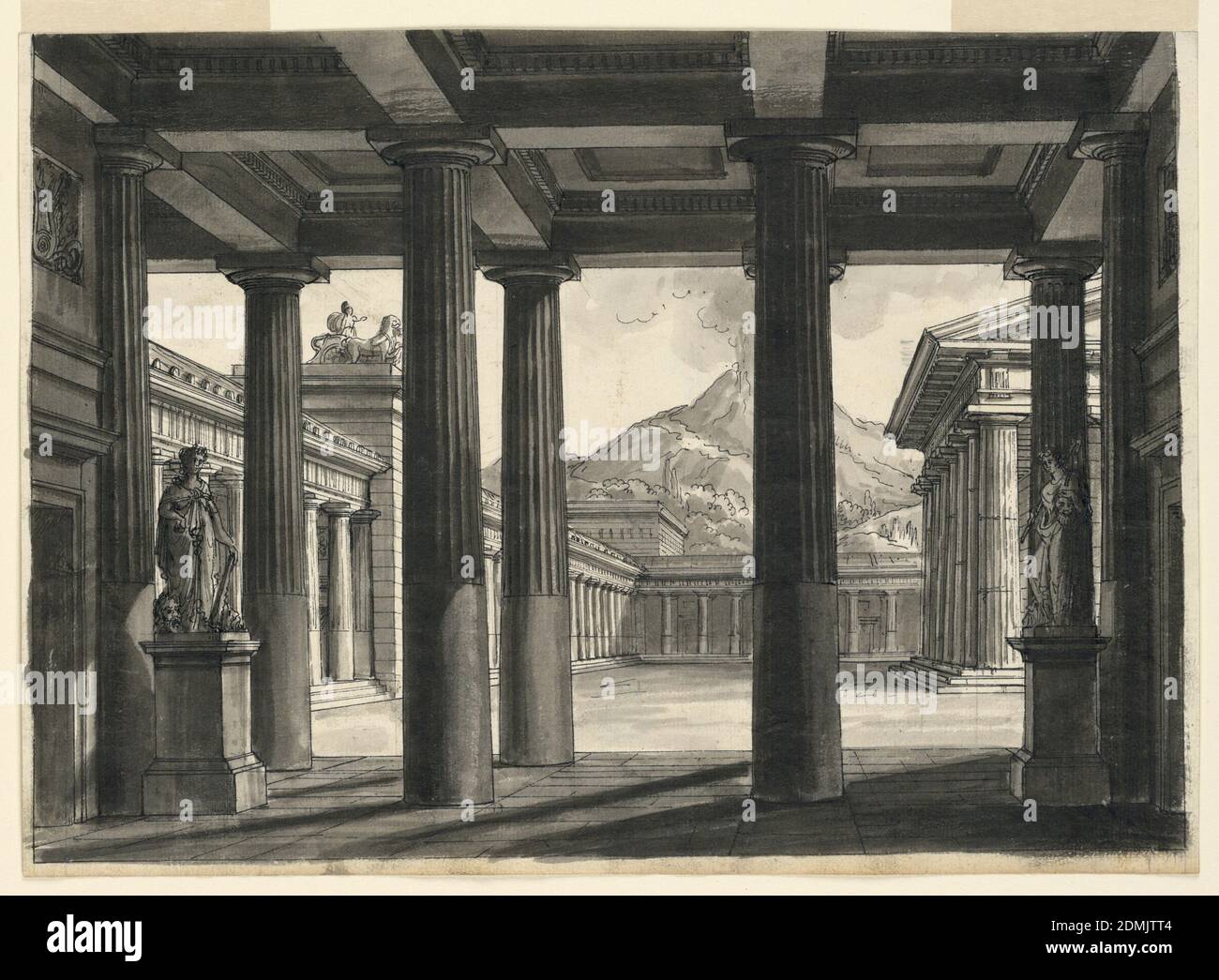 Stage Design for the opera 'L'Ultima giorno di Pompei,' at La Scala, Milan, 1827, Romolo Achille Liverani, Italian, 1809 - 1872, Alessandro Sanquirico, Italian, 1777 - 1849, Pen and black ink, brush and wash on off-white wove paper, Horizontal rectangle. Porticoes around a temple building, in the background an erupting volcano., Italy, early 19th century, theater, Drawing Stock Photo