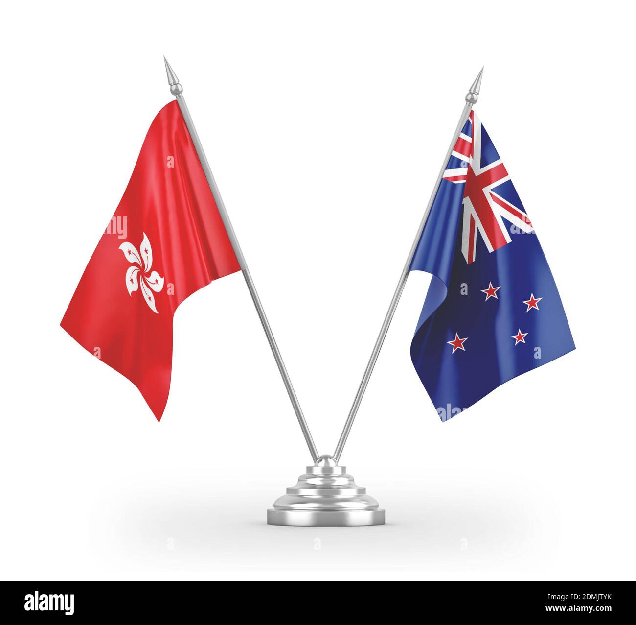 New Zealand and Hong Kong table flags isolated on white 3D rendering Stock Photo
