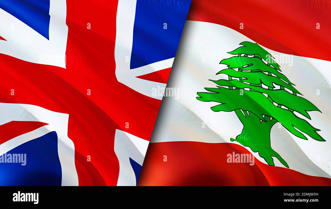 United Kingdom and Lebanon flags. 3D Waving flag design. United Kingdom Lebanon flag, picture, wallpaper. United Kingdom vs Lebanon image,3D rendering Stock Photo