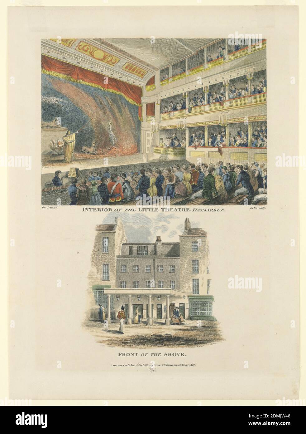 Interior and Exterior of the Little Theater, Haymarket, London, George Jones, 1786–1869, James Stow, 1770–after 1820, Etching, hand colored, England, 1815, theater, Print Stock Photo