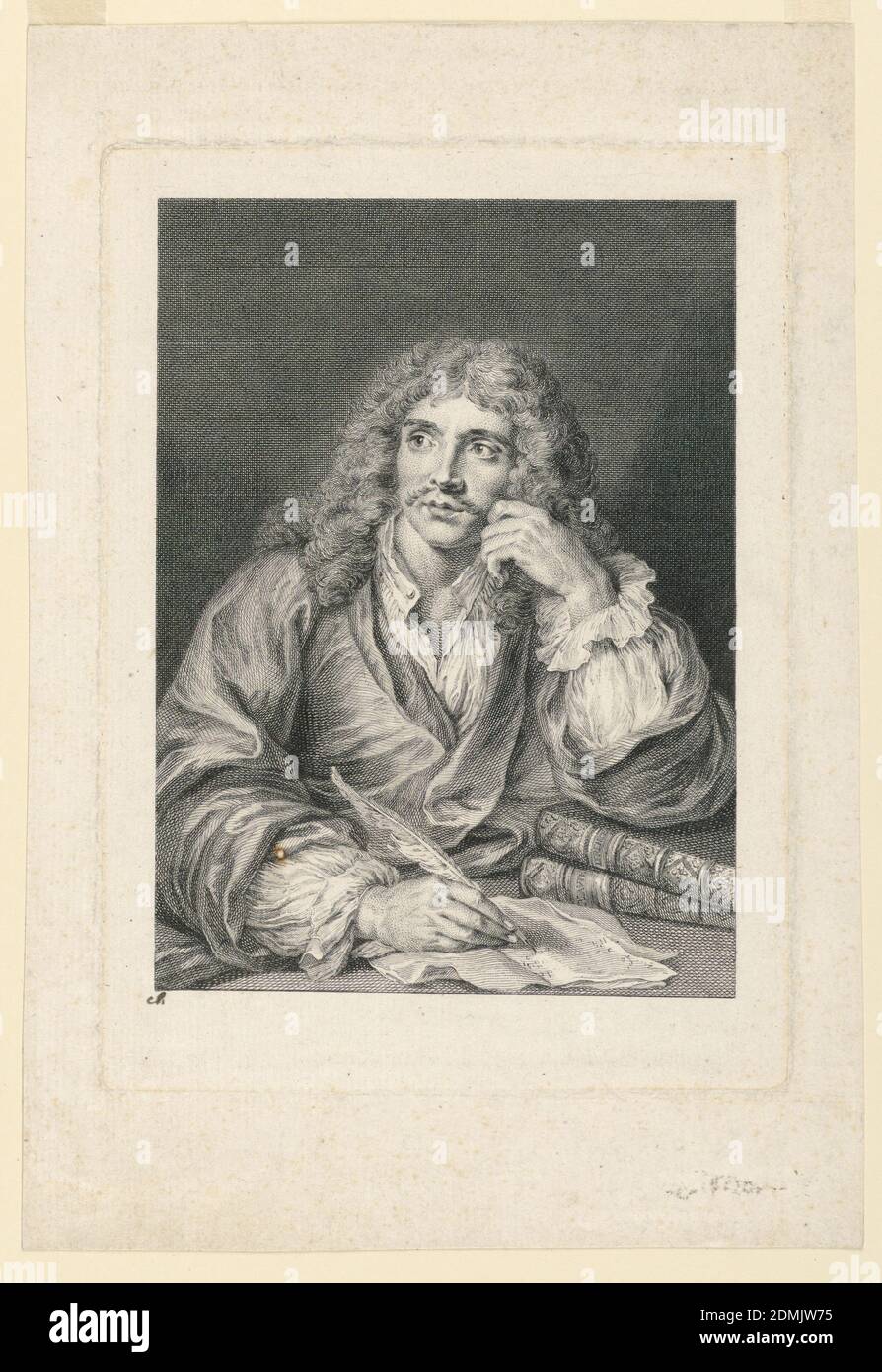 Portrait of Jean Baptiste Moliére (1620-1673), François Bernard Lépicié, French, 1698 - 1755, Charles-Antoine Coypel, French, 1694 – 1752, Engraving on paper, Moliére seated behind a table, his body and head slightly turned to left. His right hand, holding a pen, resting on writing paper. His head leans on his left hand. Books under his left elbow. He is wearing a dressing gown., France, 1734, Print Stock Photo