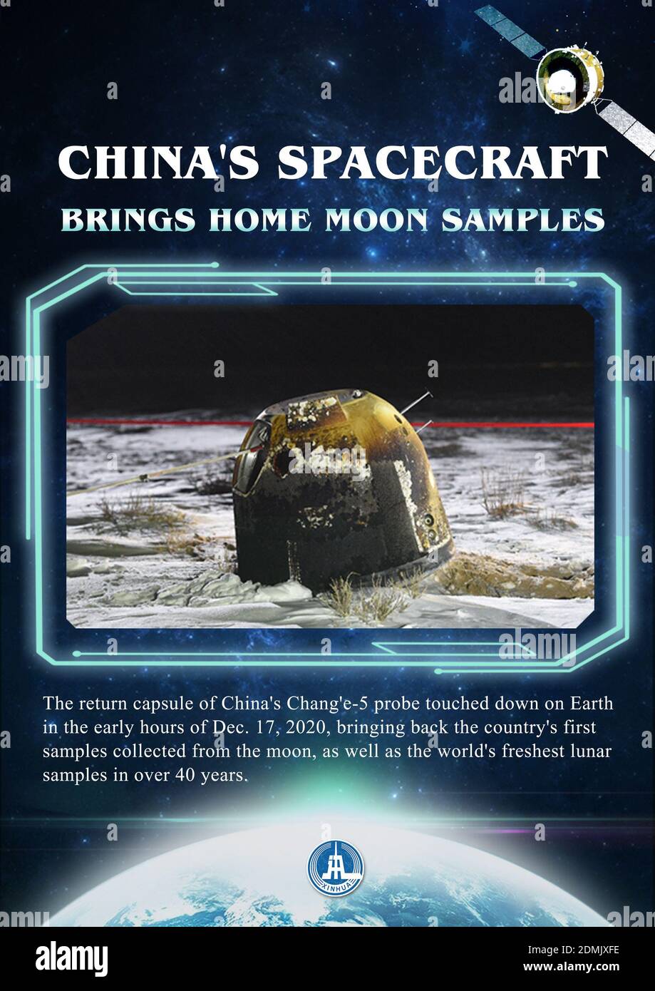 Beijing, China. 17th Dec, 2020. The return capsule of China's Chang'e-5 probe touched down on Earth in the early hours of Dec. 17, 2020, bringing back the country's first samples collected from the moon, as well as the world's freshest lunar samples in over 40 years. Credit: Xu Xiaoxuan/Xinhua/Alamy Live News Stock Photo
