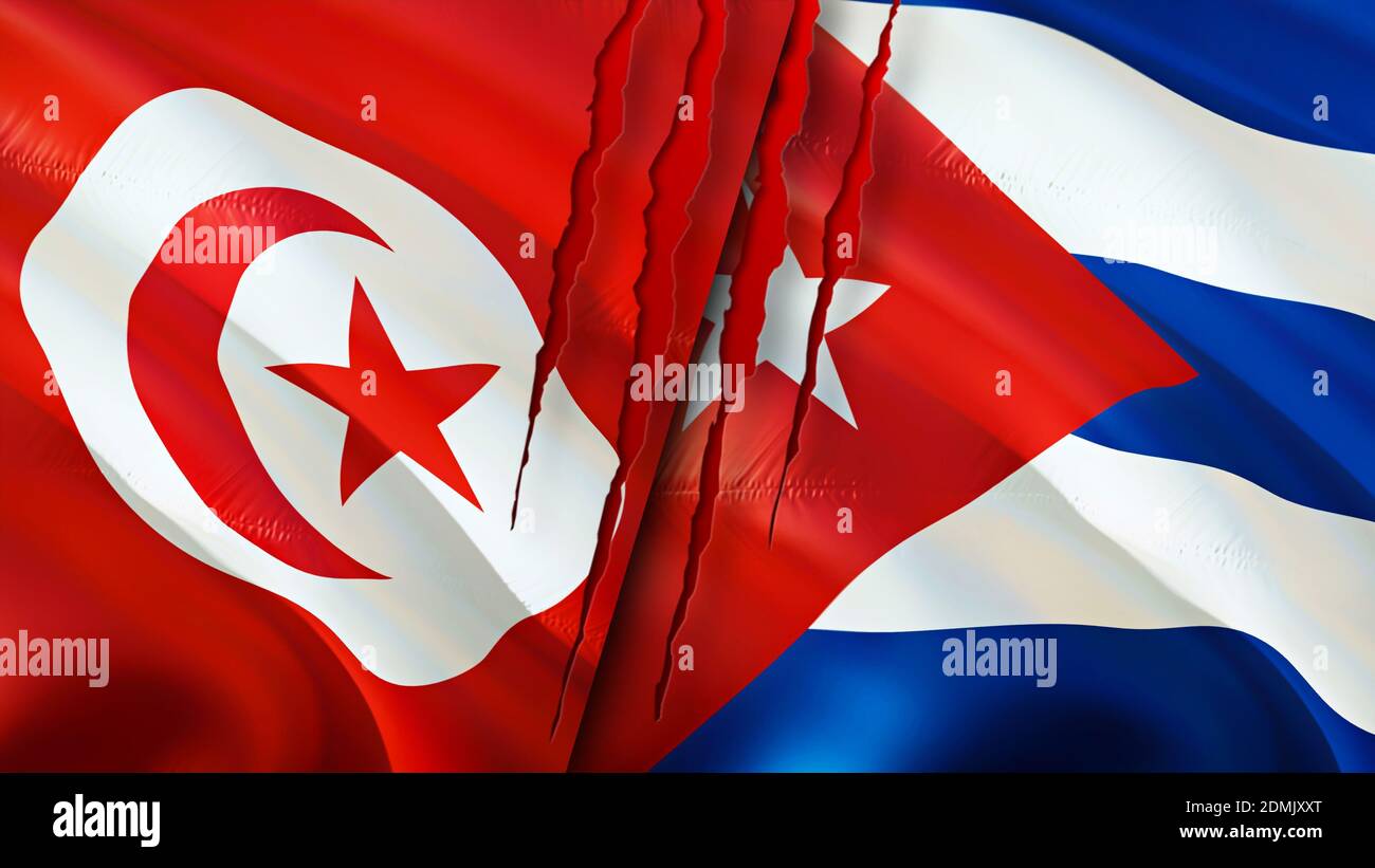 Tunisia and Cuba flags with scar concept. Waving flag,3D rendering