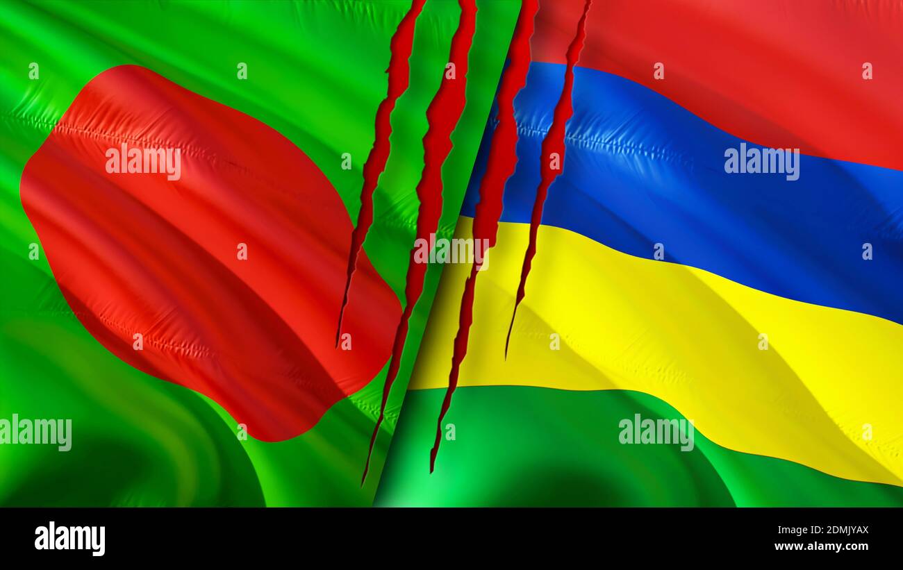 Bangladesh and Mauritius flags with scar concept. Waving flag,3D