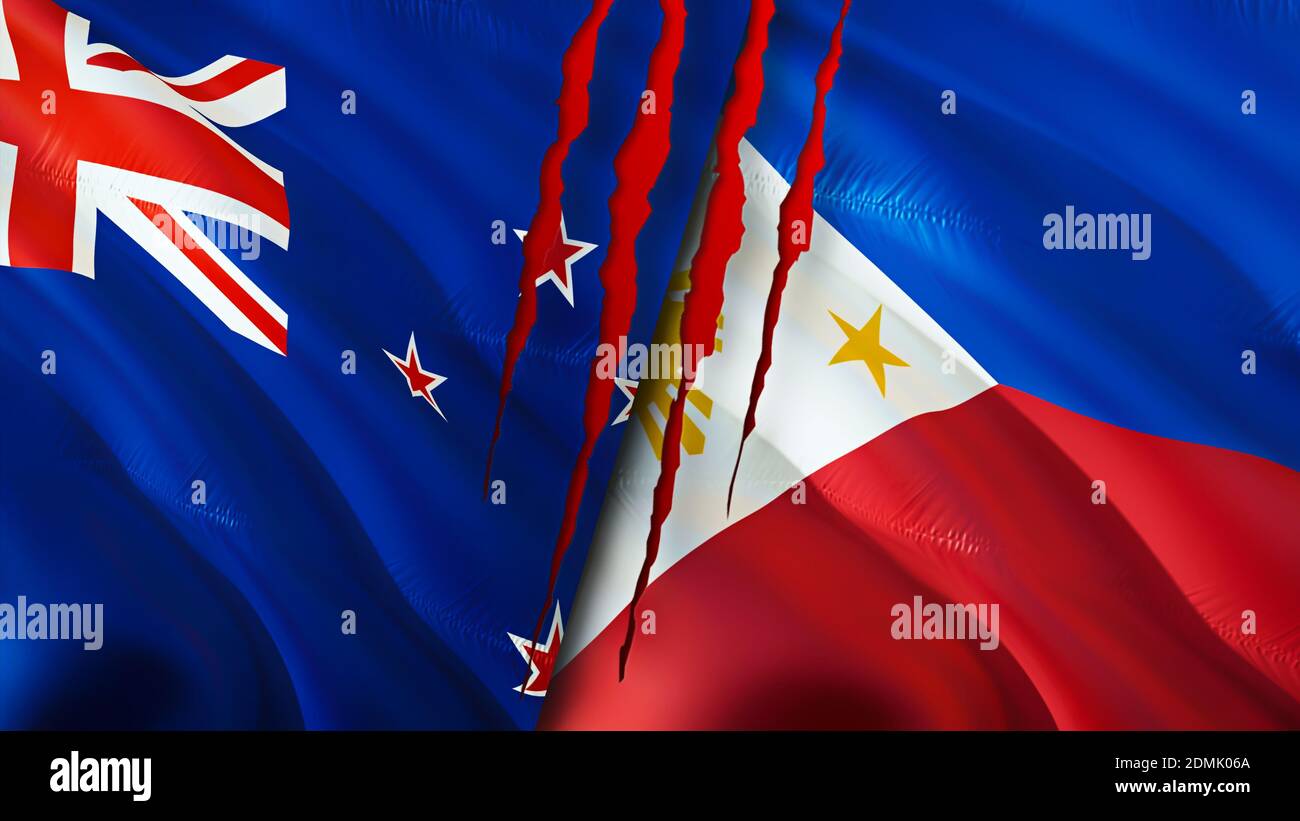 New Zealand and Philippines flags with scar concept. Waving flag 3D ...