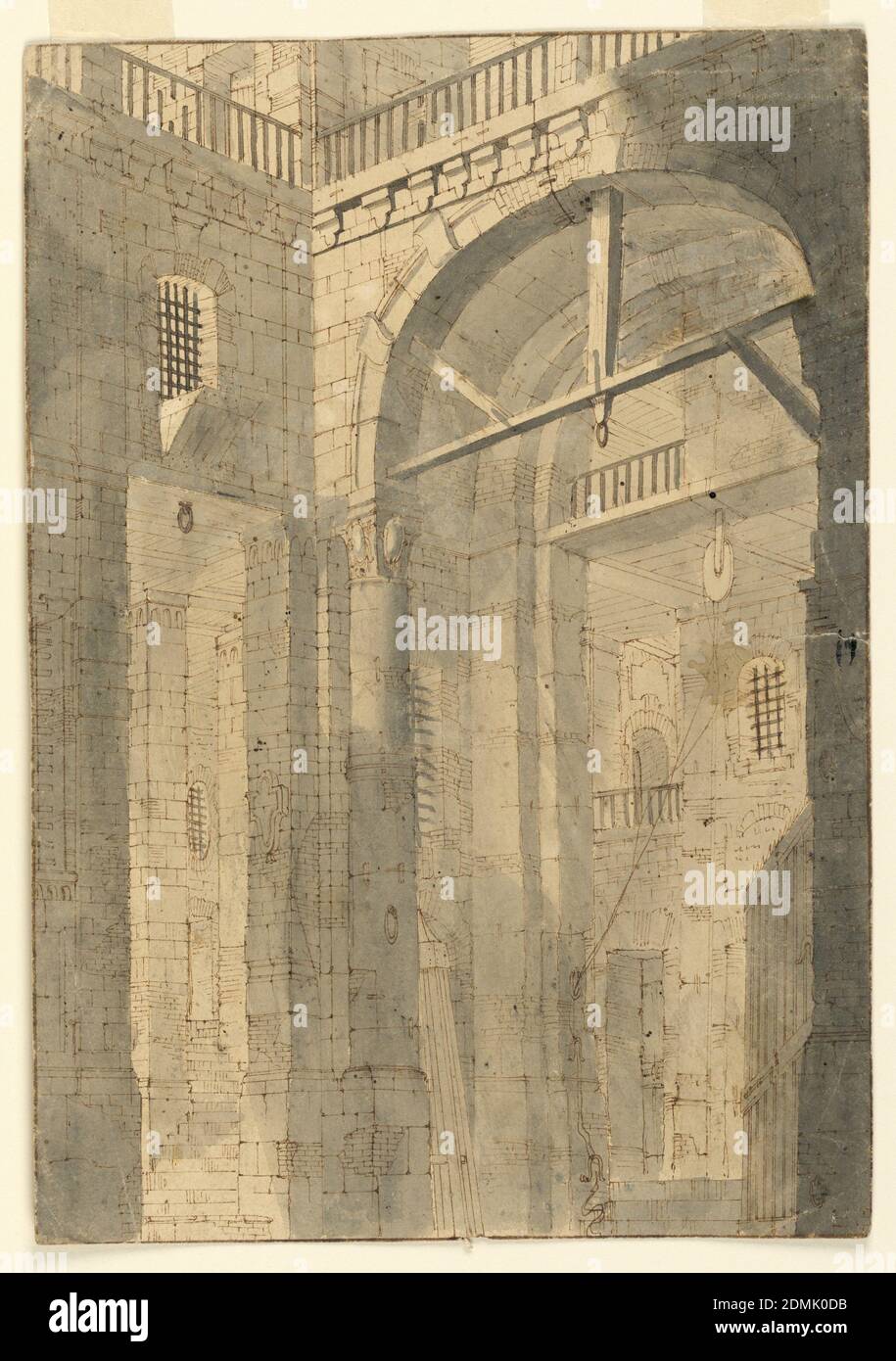 Stage Design, Prison Hall, Pen and brown ink, brush and sepia wash on paper, Vertical rectangle. Immense high prison hall with barred windows, gallery around top, stairs leading up at left and right, winch with rope at right., Italy, 18th century, theater, Drawing Stock Photo