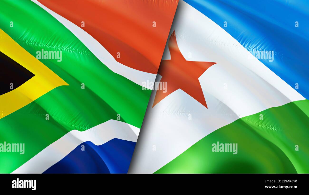 South Africa and Djibouti flags. 3D Waving flag design. South Africa Djibouti flag, picture, wallpaper. South Africa vs Djibouti image,3D rendering. S Stock Photo