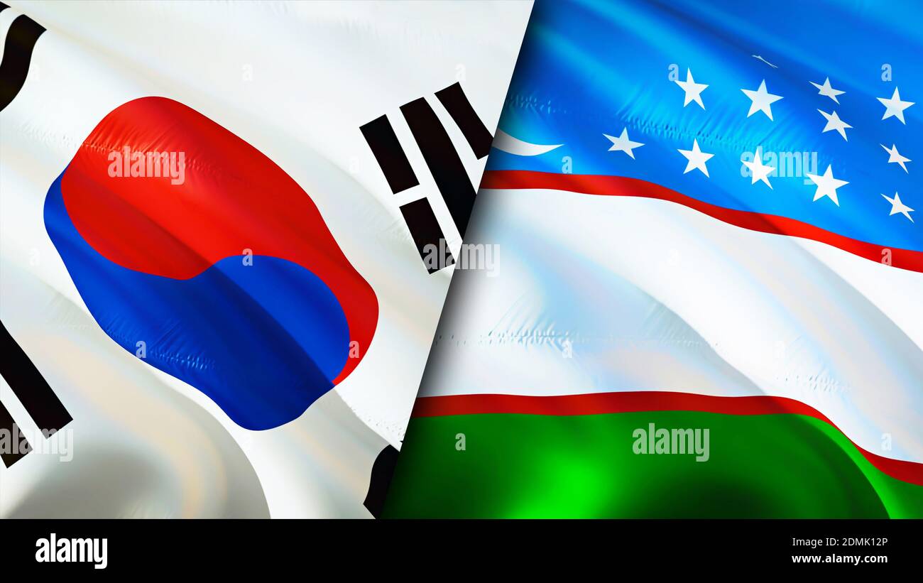 South Korea and Uzbekistan flags. 3D Waving flag design. South Korea Uzbekistan flag, picture, wallpaper. South Korea vs Uzbekistan image,3D rendering Stock Photo