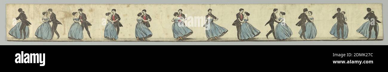 Zoetrope Strip, Dancers, Lithograph on paper, Strip with printed cartoon featuring a man and woman dancing in elegant costume. When viewed in a circular, perforated tin zoetrope, illusion of animation creates a moving picture of twirling dancers., England, United Kingdom, ca. 1860, toys & games, Print Stock Photo