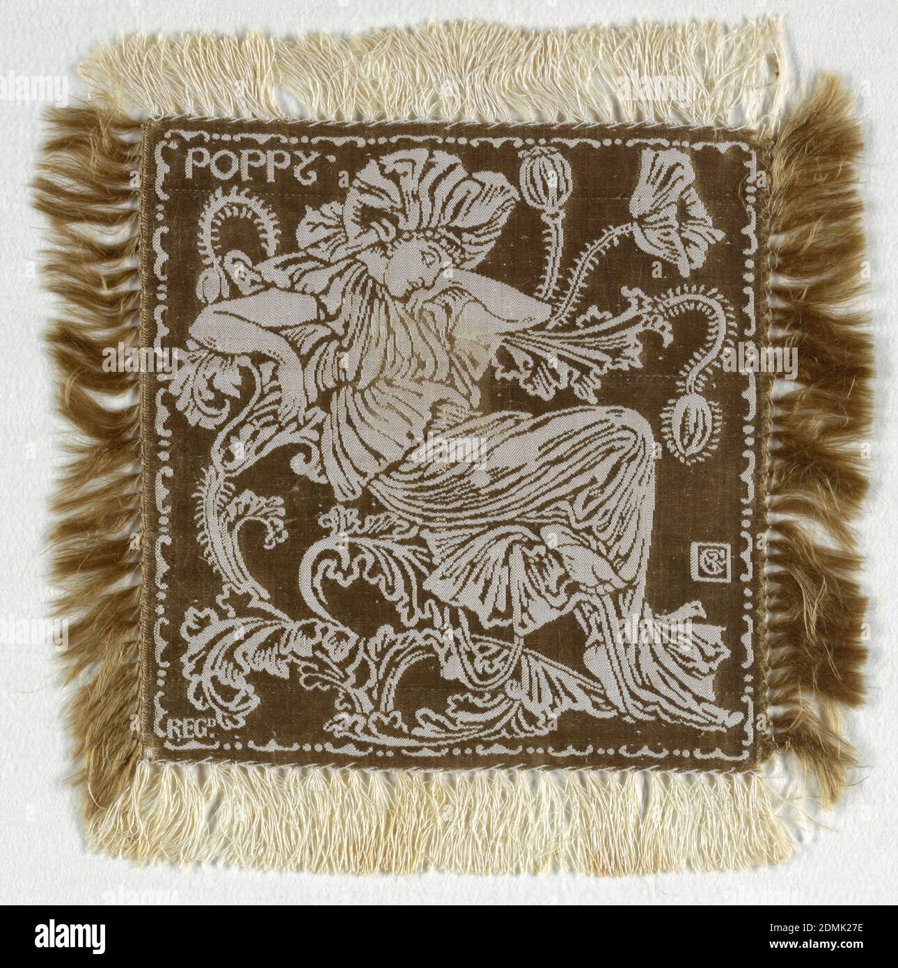 Flora's Retinue: Poppy, Walter Crane, (English, 1845–1915), John Wilson & Sons, (England, 1778–1816), Medium: linen warp, silk weft Technique: 4&1 satin damask, Small square doily, fringed on all sides, with an ivory linen warp and an olive ground. A figure of a woman dressed as a poppy with and sitting on the stem of a large poppy, with the word POPPY in the upper left corner, all appearing in ivory on an olive ground. A set of six, the doilies would have been used on the table as part of a dessert service., Great Britain, ca. 1891, woven textiles, Doily Stock Photo