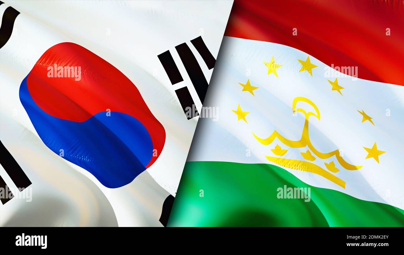 South Korea and Tajikistan flags. 3D Waving flag design. South Korea Tajikistan flag, picture, wallpaper. South Korea vs Tajikistan image,3D rendering Stock Photo