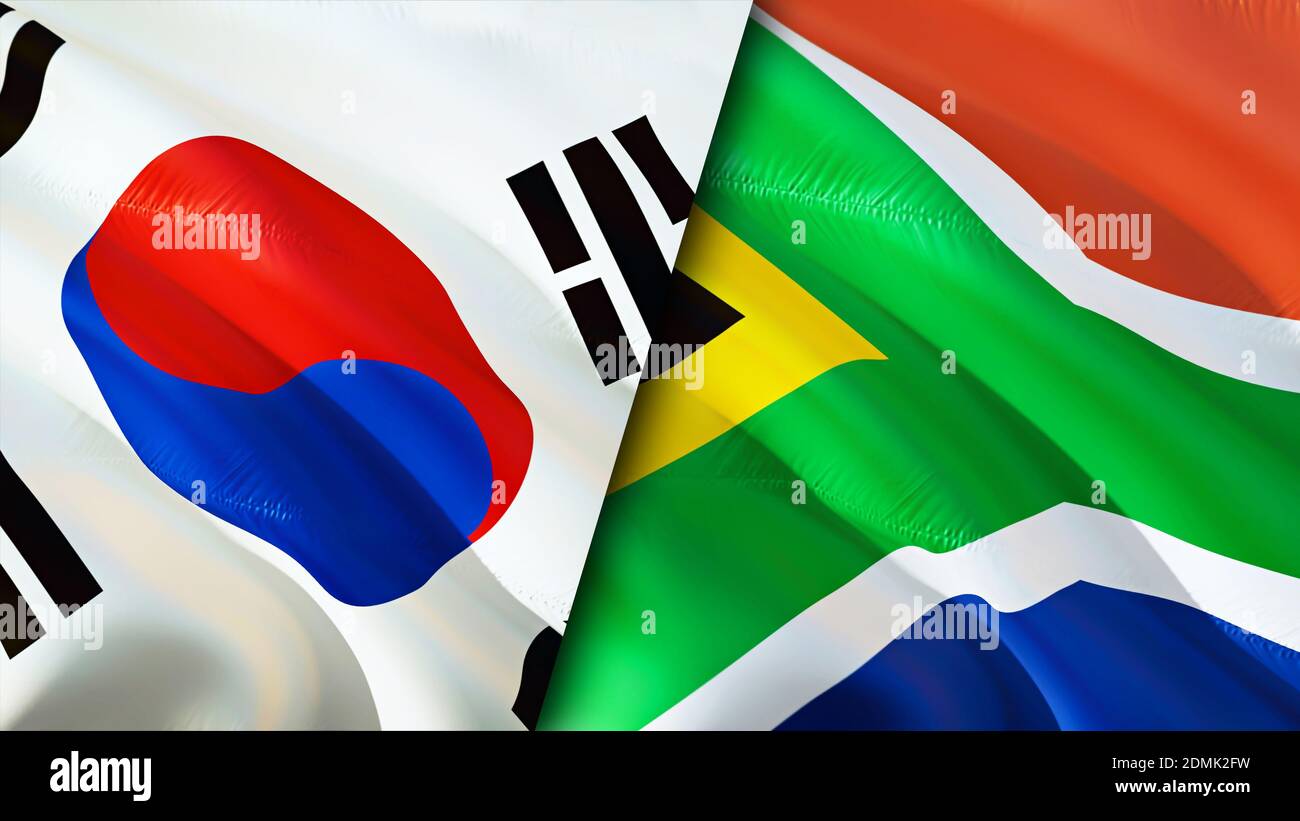 South Korea and South Africa flags. 3D Waving flag design. South Korea