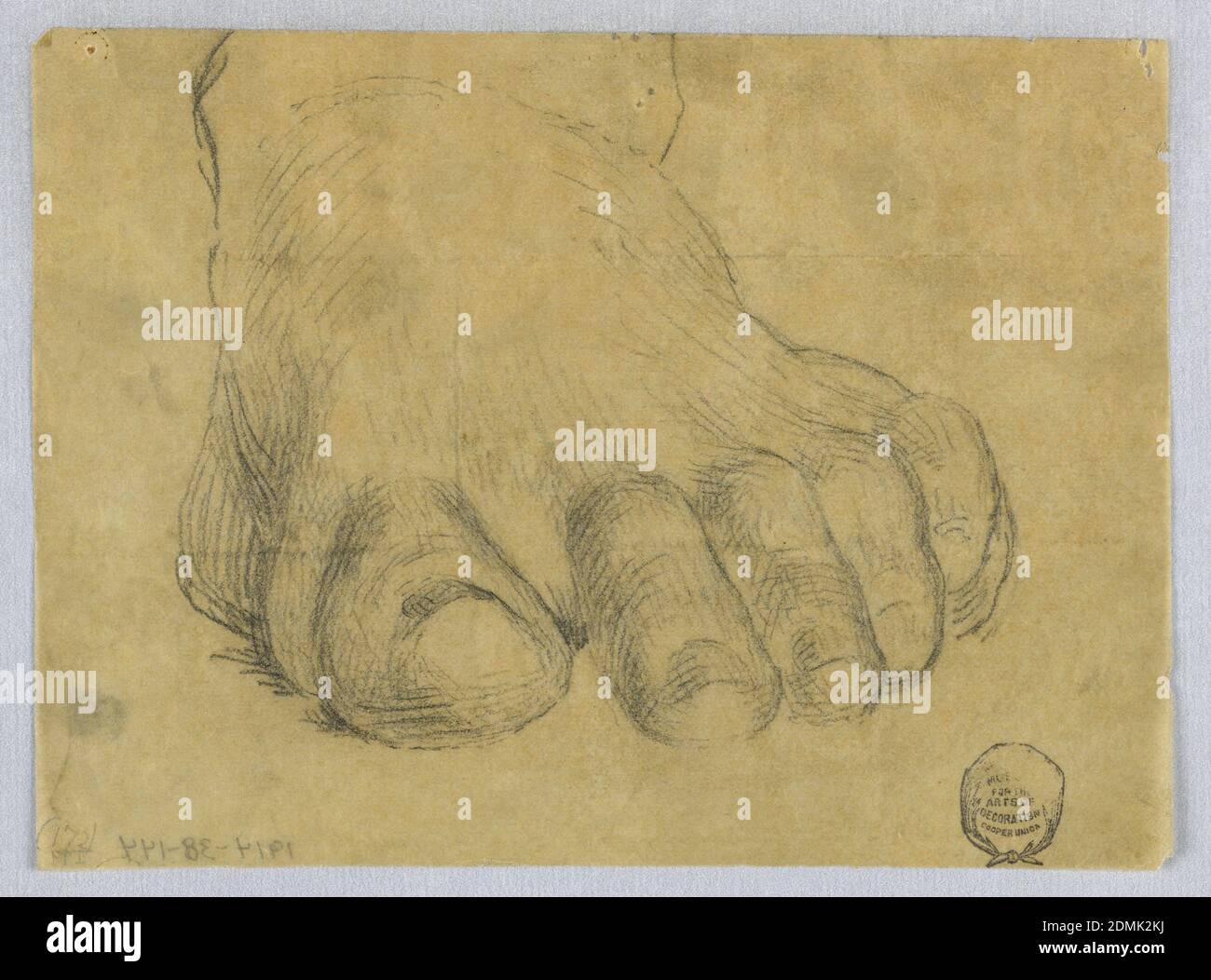 Study of Left Foot, Francis Augustus Lathrop, American, 1849 - 1909, Graphite on tracing paper, Study of a left foot, from straight on. Toes shaded with cross-hatching., USA, ca. 1895, figures, Drawing Stock Photo