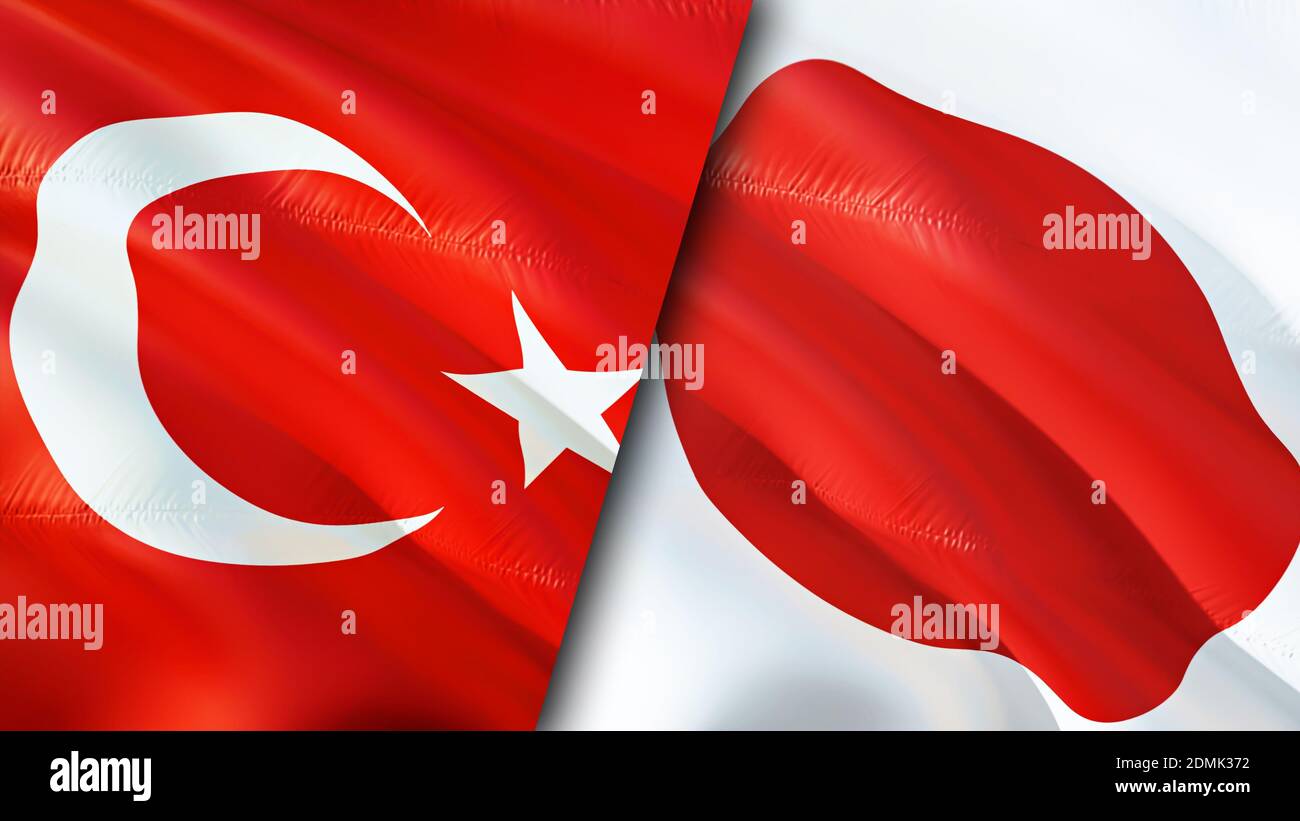 Turkey and Japan flags. 3D Waving flag design. Turkey Japan flag