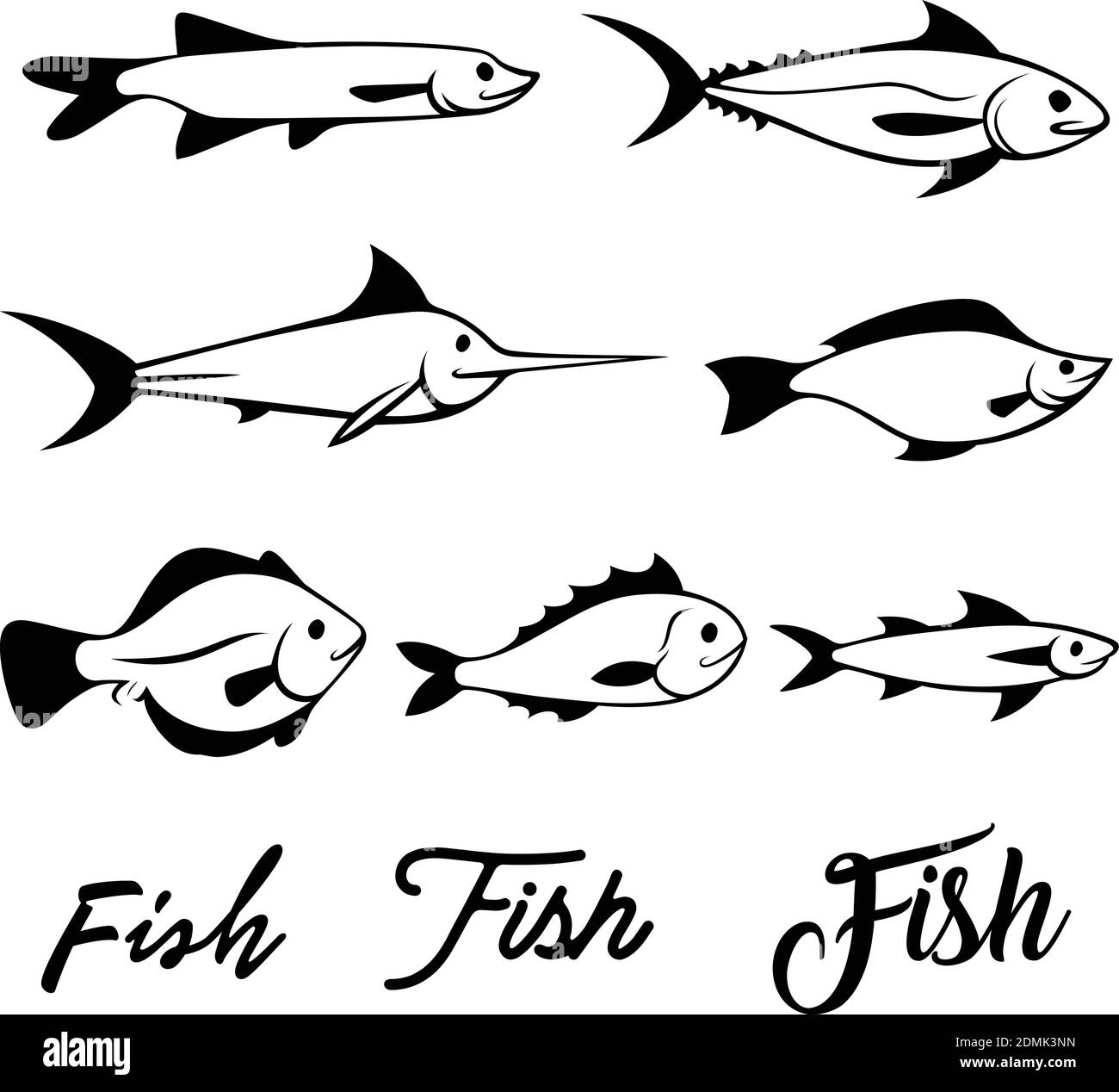 Fish vector illustration icons set. Fish flat line style vector illustration. Fish icons isolated. Tropical fish, sea fish, aquarium fish set isolated Stock Vector