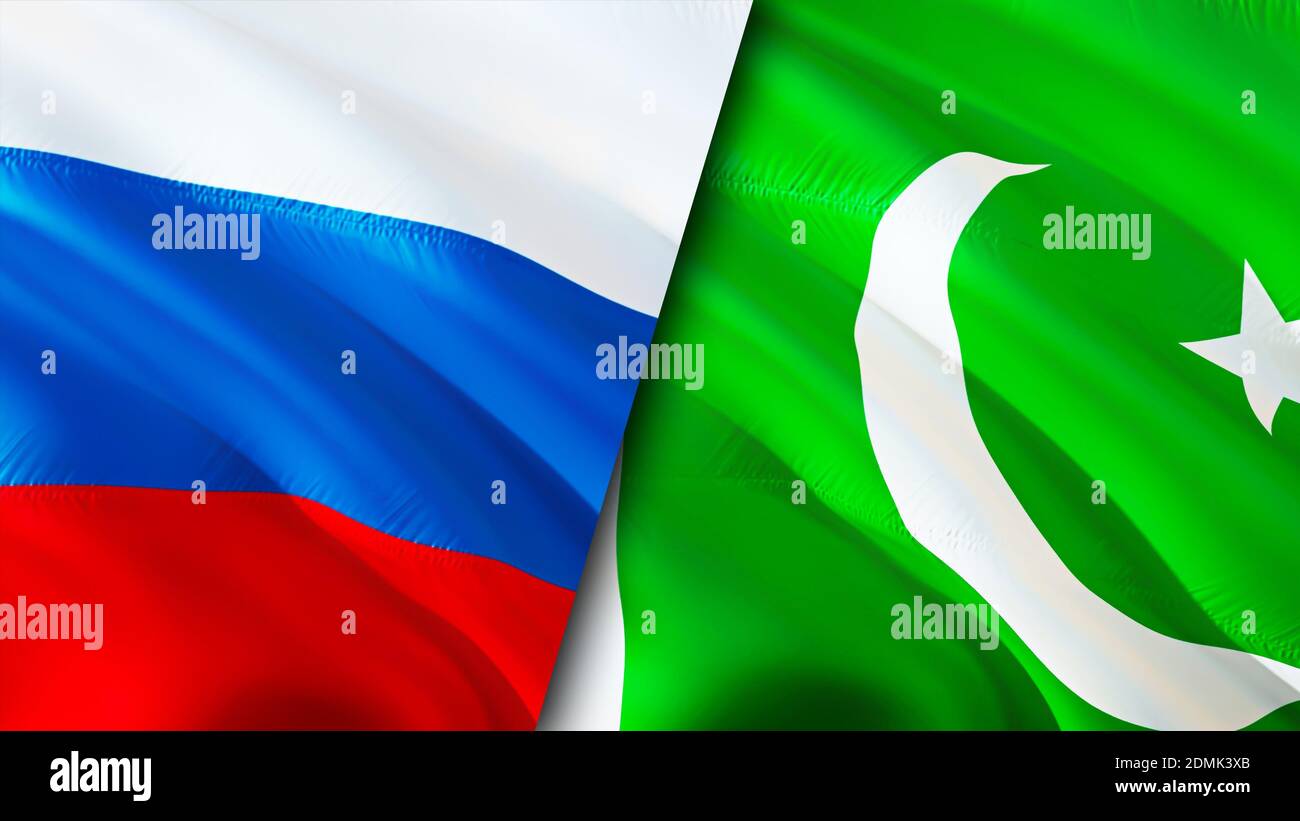 Russia and Pakistan flags. 3D Waving flag design. Russia Pakistan flag