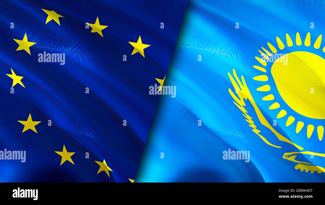 European Union and Kazakhstan flags. 3D Waving flag design. European