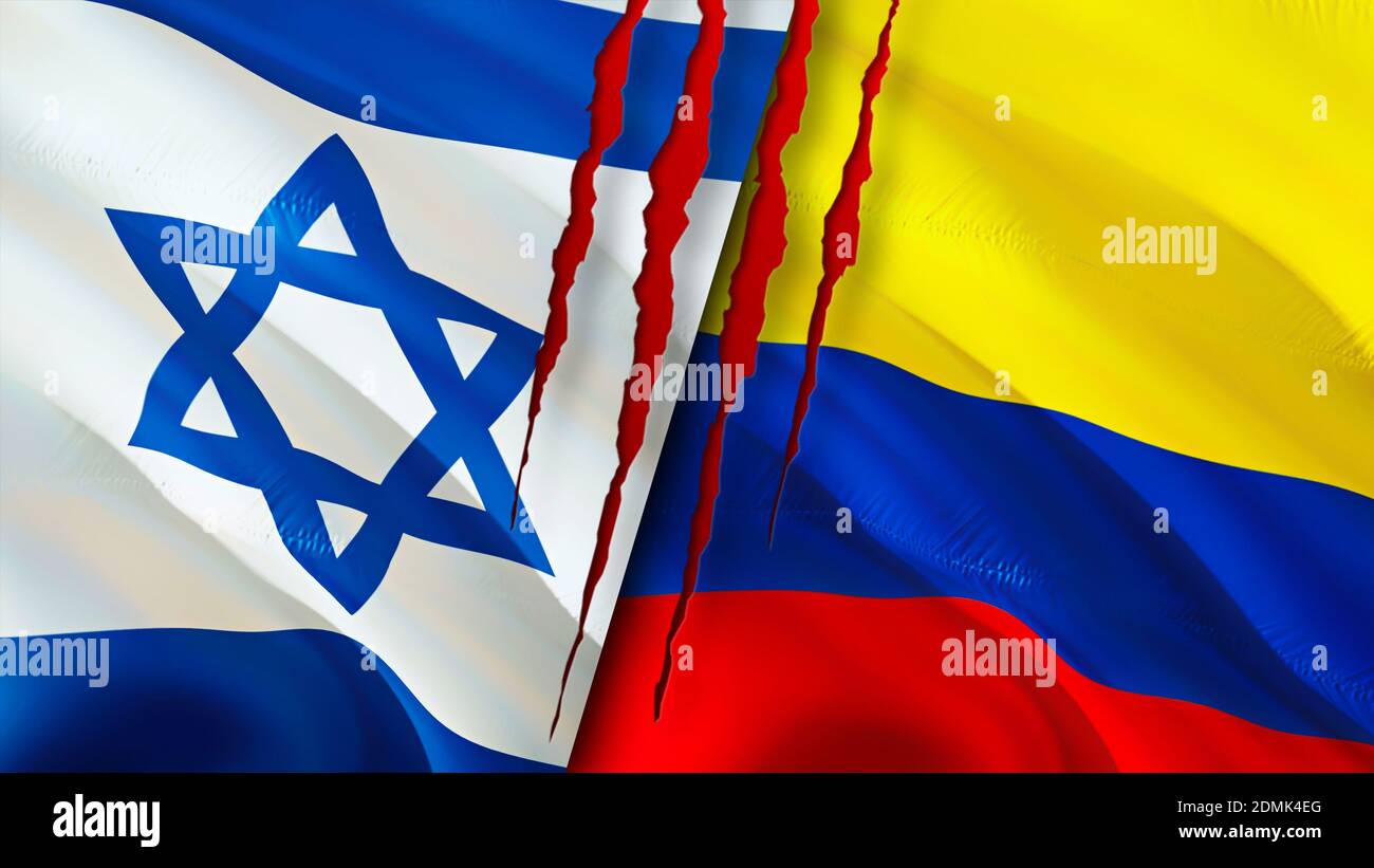 Israel and Colombia flags with scar concept. Waving flag,3D rendering. Israel and Colombia conflict concept. Israel Colombia relations concept. flag o Stock Photo