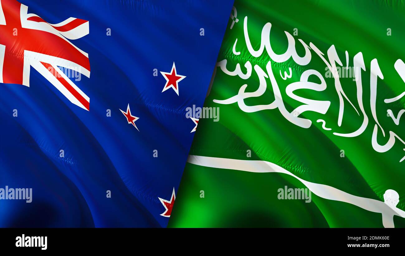 New Zealand and Saudi Arabia flags. 3D Waving flag design. New Zealand