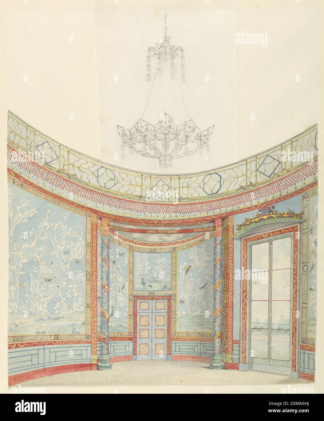 Design for the Decoration of the Saloon, Royal Pavillion, Brighton, Frederick Crace, English, 1779–1859, Brush and watercolor, graphite on multiple sheets white wove paper, (a): Design of a section of south end of the circular room, showing the coved semicircular recess with doors. Window at right. The walls are hung with large panels of Chinese wallpaper of flowers and collaged birds, the base and mouldings are painted, as well as the columns at the entrance to the recess., (b): Rendering of the Salon as it looked in 1802 Stock Photo