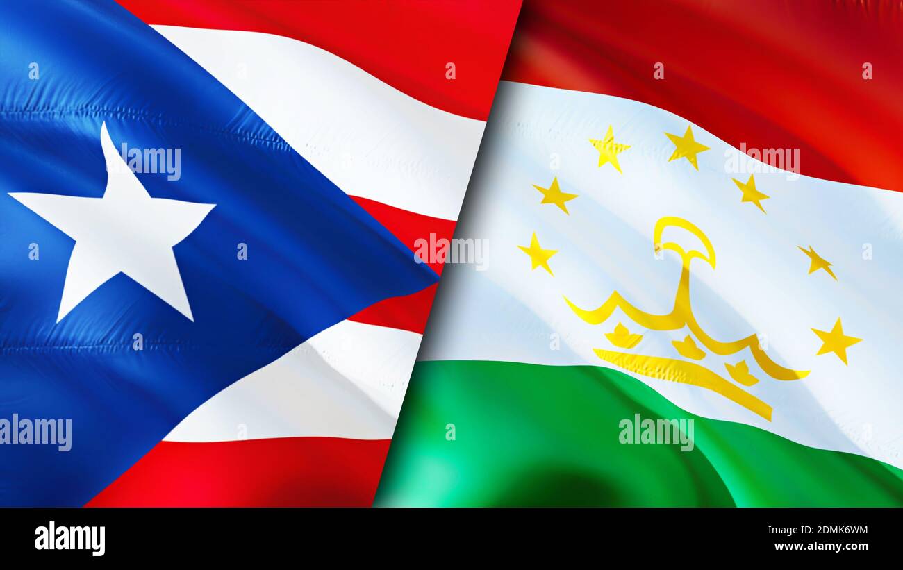Puerto Rico and Tajikistan flags. 3D Waving flag design. Puerto Rico Tajikistan flag, picture, wallpaper. Puerto Rico vs Tajikistan image,3D rendering Stock Photo