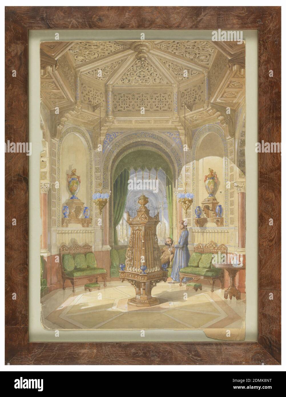 Design for a Moorish Smoking Room [Tabagie], Léon Feuchère, French, 1804 - 1857, Brush and watercolor, gouache, graphite on wove paper, Octagonal room of stone or painted stone with arched openings on four sides and a cupula of Moorish-inspired interlace. The central rear arch leads to a receding colonnade while lateral niches display two large neoclassical urns with painted Moorish decoration. Below the side niches are European versions of Turkish ottomans covered with French mid-century textiles. A large pipe stand of Germanic origin occupies the center of the kiosk and an octagonal table Stock Photo