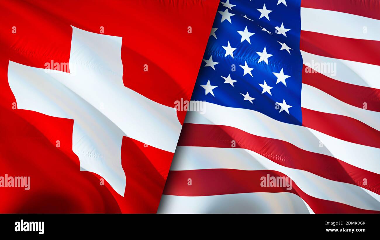 Switzerland and USA flags. 3D Waving flag design. Switzerland USA flag