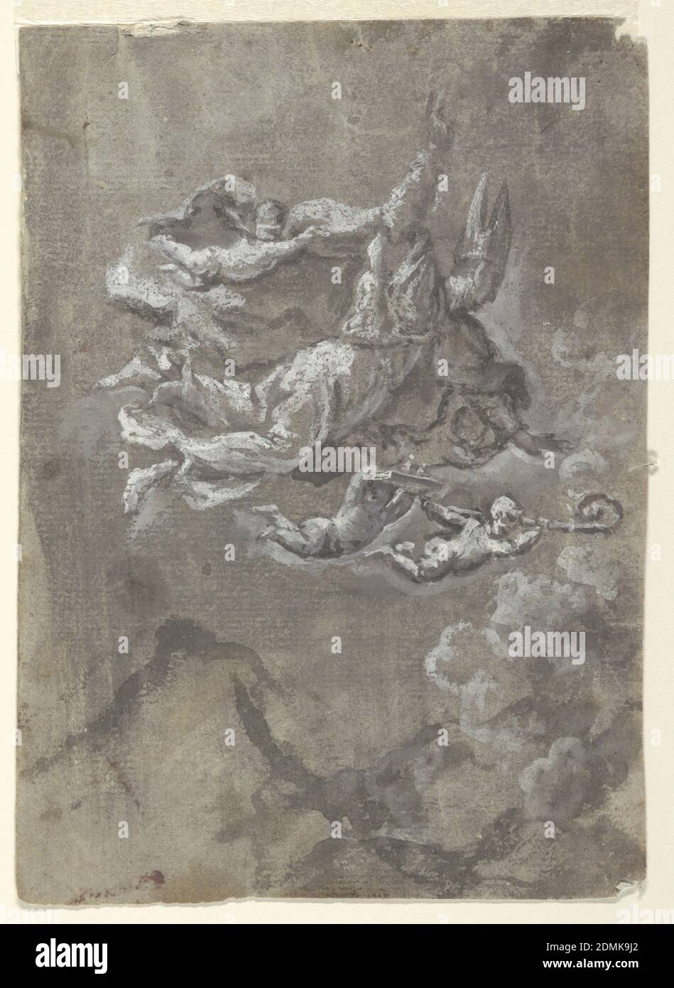 Saint Gennaro Calming Vesuvius, Andrea Vaccaro, Italian, 1604 - 1670, Brush and gray, white wash on paper, Figure of Saint Gennaro at center, flying over Mount Vesuvius with winged putti around him. The putto above him is holding his robe, the putto to the bottom right is holding a book, and the one to the bottom left is holding his crozier., Italy, 17th century, figures, Drawing Stock Photo