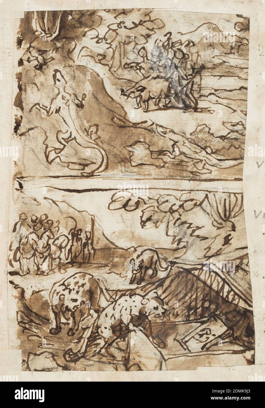 Recto: Hunting Ducks using Pumpkins in the West Indies; Verso, above: Crocodile Hunt in the Nile; Verso, below: Hunting Tigers using Traps and Mirrors, Jan van der Straet, called Stradanus, Flemish, 1523–1605, Pen and ink, brush and brown wash on laid paper, Horizontal rectangle. Obverse: Hunters using headpieces in the shape of ducks to serve as decoys in trapping the birds. Hunters submerged in the water wearing the headgear. Left, two hunters putting on the headpieces (gourd). Reverse: top - in the background, a pig used as a decoy in trapping alligators. Two alligators in the foreground Stock Photo