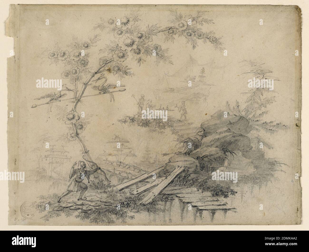 Chinoiserie Fantasy, Jean-Baptiste Pillement, French, 1728–1808, Pencil on paper., A tree with two birds upon a pole is shown at left. A Chinese with a bow is running at its base toward some decayed planks leading to rock. Motifs of Chinoiserie landscapes are distributed in the middle distance, in the center of which a Mandarin gets his tea on top of a tree. The zigzag boardwalk leads on from there toward a tent with worshippers before an altar., France, ca. 1780, landscapes, Drawing Stock Photo